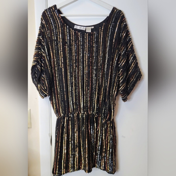 SCALA Vintage Black Metallic Gold Silver Copper Sequins Tunic Mini Dress Size 0 - Picture 9 of 15